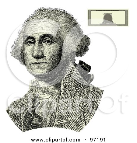 Royalty-Free (RF) Clipart Illustration of an Engraved Styled George Washing Portrait From A Banknote, With The Banknote In The Upper Right Corner by BestVector