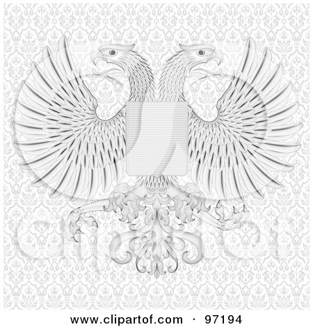 Royalty-Free (RF) Clipart Illustration of a Twin Eagle Crest With A Shield And Feathery Wings, On A Patterned Background by BestVector