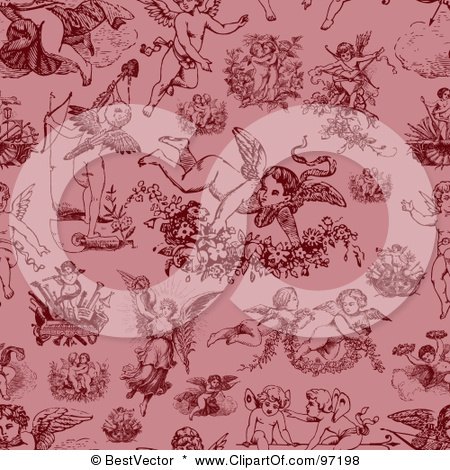 Royalty-Free (RF) Clipart Illustration of a Pink And Red Seamless Vintage Cupid Pattern Background by BestVector