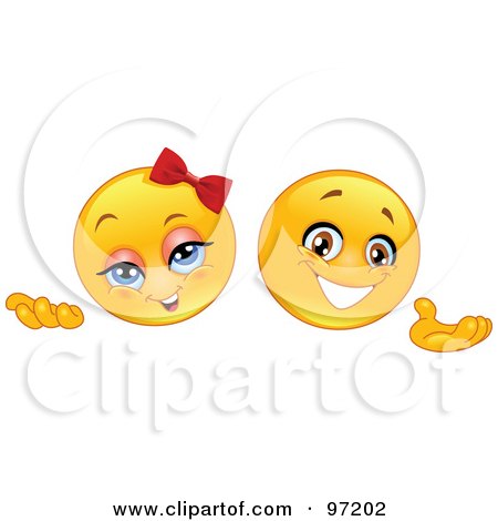 Royalty-Free (RF) Clipart Illustration of Male And Female Emoticon Faces Presenting With Their Hands by yayayoyo