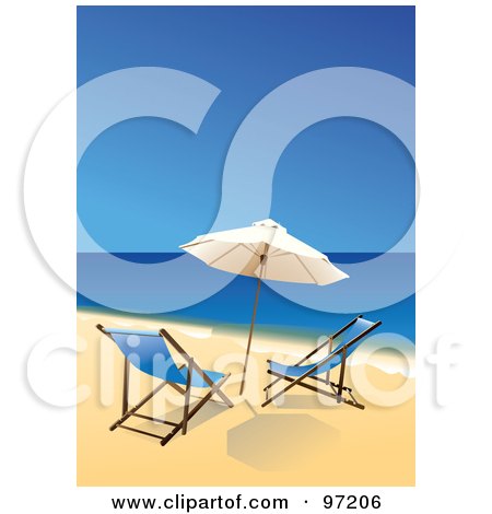 Royalty-Free (RF) Clipart Illustration of a Pair Of Blue Beach Chairs Under An Umbrella At The Water's Edge On A Beach by Eugene