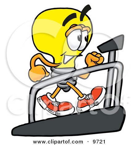 Clipart Picture of a Light Bulb Mascot Cartoon Character Walking on a Treadmill in a Fitness Gym by Mascot Junction