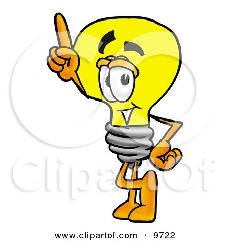 Clipart Picture of a Light Bulb Mascot Cartoon Character Pointing Upwards by Mascot Junction