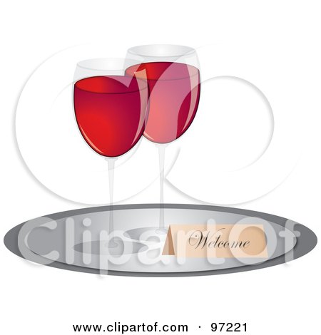 Royalty-Free (RF) Clipart Illustration of a Welcome Tag And Two Glasses Of Red Wine On A Tray by Pams Clipart