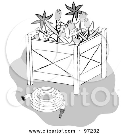 Royalty-Free (RF) Clipart Illustration of a Grayscale Garden Hose And Flowers In A Planter Box by Pams Clipart