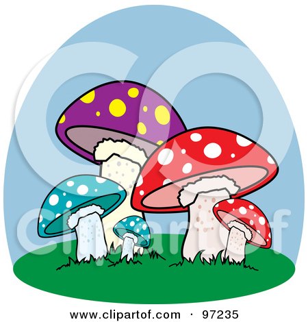 Royalty-Free (RF) Clipart Illustration of a Patch Of Colorful Spotted Mushrooms Under A Blue Sky by Pams Clipart