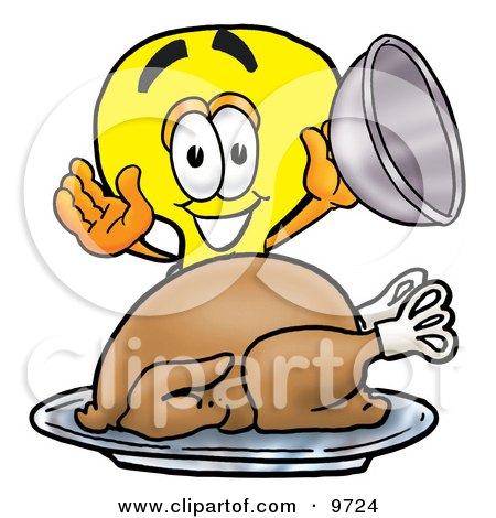 Clipart Picture of a Light Bulb Mascot Cartoon Character Serving a Thanksgiving Turkey on a Platter by Mascot Junction