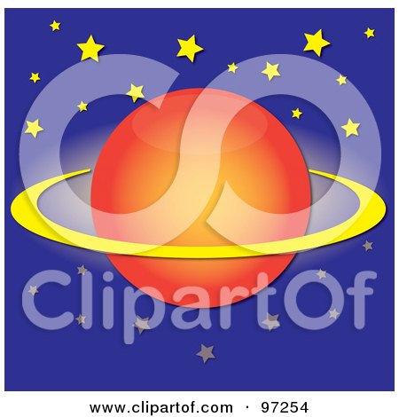 Royalty-Free (RF) Clipart Illustration of a Glowing Orange Saturn With Yellow Rings And Stars In A Blue Sky by Pams Clipart