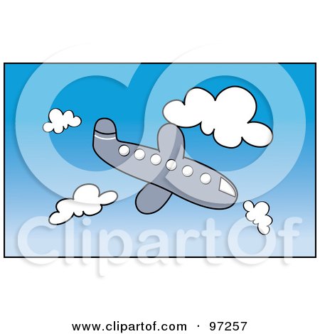Royalty-Free (RF) Clipart Illustration of a Cartoon Airplane Descending Through A Cloudy Blue Sky by Pams Clipart