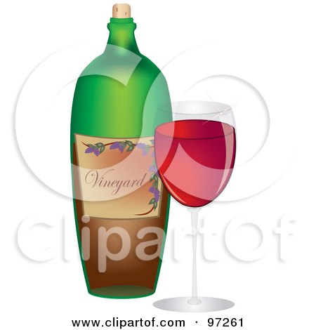 Royalty-Free (RF) Clipart Illustration of a Green Wine Bottle And Glass Of Red Wine by Pams Clipart