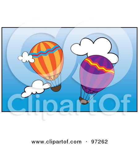 Royalty-Free (RF) Clipart Illustration of Two Colorful Hot Air Balloons Floating Through A Blue Sky With White Clouds by Pams Clipart