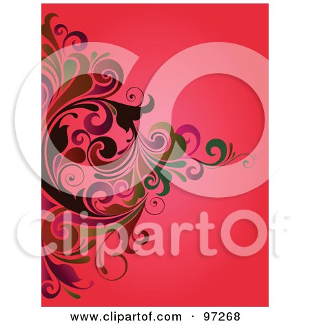 Royalty-Free (RF) Clipart Illustration of a Swirly Vine Design Over A Red Background by OnFocusMedia