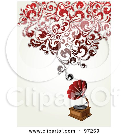 Royalty-Free (RF) Clipart Illustration of an Antique Phonograph With Red Swirly Vines by OnFocusMedia