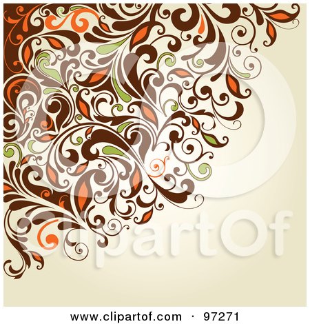 Royalty-Free (RF) Clipart Illustration of a Corner Of Brown, Orange And Green Swirly Vines On A Beige Background by OnFocusMedia