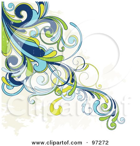 Royalty-Free (RF) Clipart Illustration of a Grungy Blue, Green And Yellow Swirly Vine With Beige Splatters Over White by OnFocusMedia