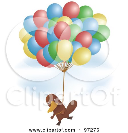 Royalty-Free (RF) Clipart Illustration of a Platypus Flying In A Sky With A Bunch Of Balloons by PlatyPlus Art