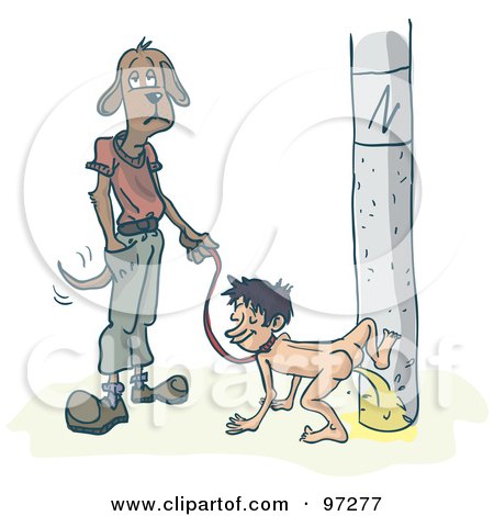 Royalty-Free (RF) Clipart Illustration of a Dog Standing Upright And Waiting As His Human Pees On A Pole by PlatyPlus Art