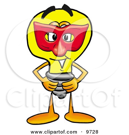 Clipart Picture of a Light Bulb Mascot Cartoon Character Wearing a Red Mask Over His Face by Mascot Junction
