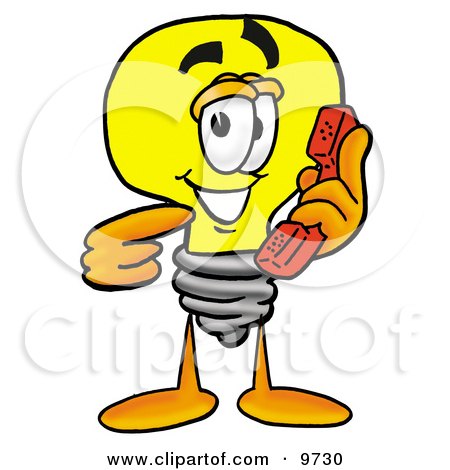 Clipart Picture of a Light Bulb Mascot Cartoon Character Holding a Telephone by Mascot Junction