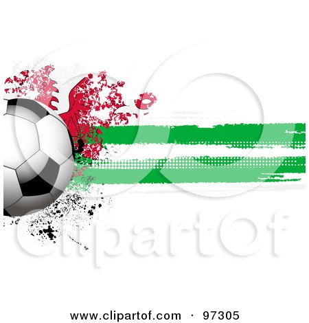 Royalty-Free (RF) Clipart Illustration of a Soccer Ball Over A Grungy Halftone Welsh Flag by elaineitalia