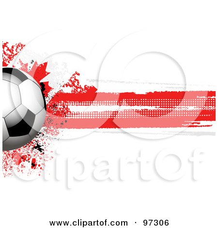 Royalty-Free (RF) Clipart Illustration of a Soccer Ball Over A Grungy Halftone Canadian Flag by elaineitalia