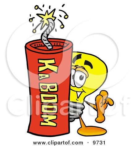 Clipart Picture of a Light Bulb Mascot Cartoon Character Standing With a Lit Stick of Dynamite by Toons4Biz