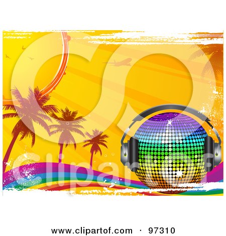 Royalty-Free (RF) Clipart Illustration of a Rainbow Disco Ball With Headphones On A Grungy Rainbow With Palm Trees, Sunshine And An Airplane by elaineitalia