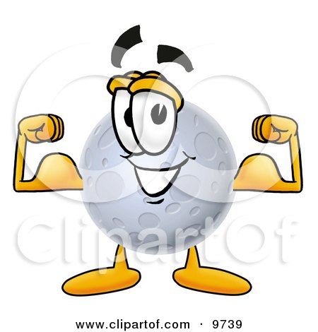 Clipart Picture of a Moon Mascot Cartoon Character Flexing His Arm Muscles by Mascot Junction