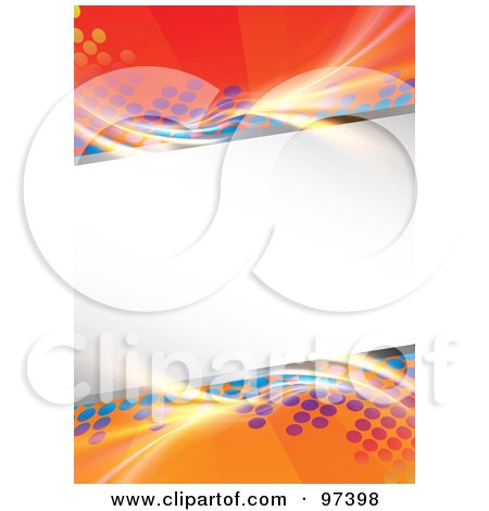 Royalty-Free (RF) Clipart Illustration of a Slanted Text Box Over An Orange Background With Fractal Lights And Colorful Halftone by Arena Creative