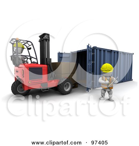 Royalty-Free (RF) Clipart Illustration of a 3d White Character Loading Boxes Into A Cargo Container by KJ Pargeter