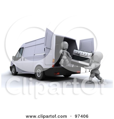 Royalty-Free (RF) Clipart Illustration of 3d White Characters Loading An Oven Into A Van by KJ Pargeter