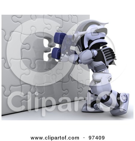 Royalty-Free (RF) Clipart Illustration of a 3d Silver Robot Inserting A Blue Piece Into A Puzzle Wall by KJ Pargeter