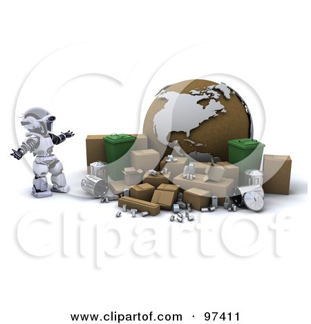 Royalty-Free (RF) Clipart Illustration of a 3d Silver Robot With Cardboard Boxes, Recycle Bins And A Globe by KJ Pargeter