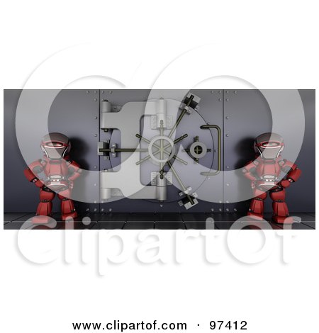 Royalty-Free (RF) Clipart Illustration of Two 3d Red Robots Guarding A Bank Vault by KJ Pargeter