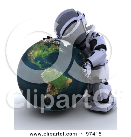 Royalty-Free (RF) Clipart Illustration of a 3d Silver Robot Hugging A Globe by KJ Pargeter