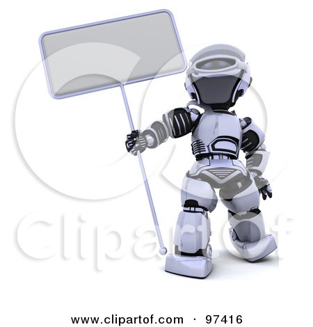 Royalty-Free (RF) Clipart Illustration of a 3d Silver Robot Holding A Narrow Sign On A Pole by KJ Pargeter