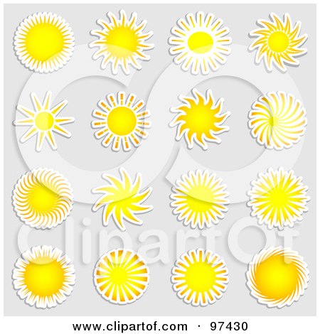 Royalty-Free (RF) Clipart Illustration of a Digital Collage Of Sun Sticker Design Elements On Gray by KJ Pargeter