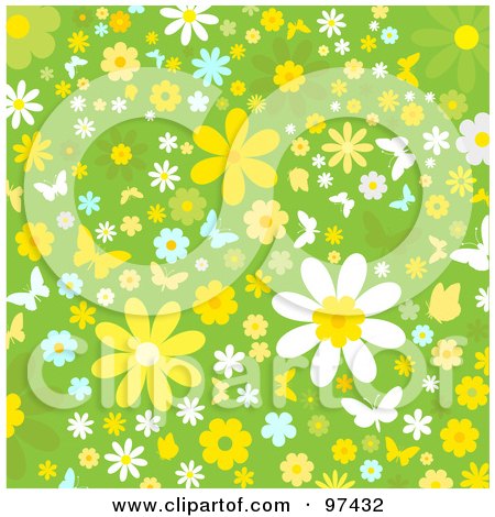 Royalty-Free (RF) Clipart Illustration of a Green Background Of White, Yellow And Blue Flowers And Butterflies by KJ Pargeter