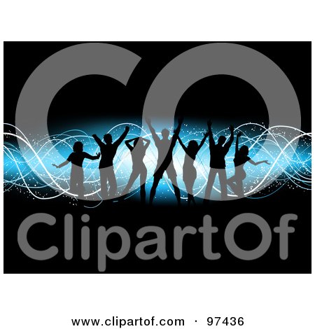 Royalty-Free (RF) Clipart Illustration of Silhouetted People Over A Black And Blue Background by KJ Pargeter