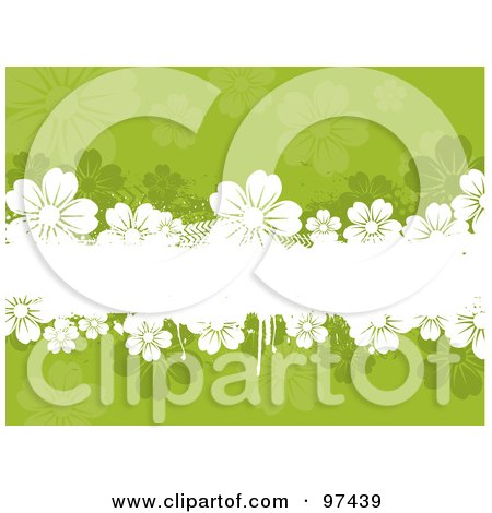 Royalty-Free (RF) Clipart Illustration of a White Grungy Text Box With Flowers Over A Green Floral Background by KJ Pargeter