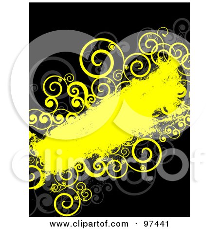 Royalty-Free (RF) Clipart Illustration of a Grungy Yellow Text Box With Spiral Vines On Black by KJ Pargeter