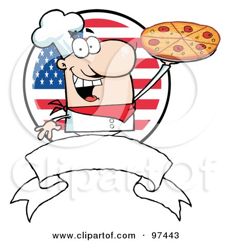 Royalty-Free (RF) Clipart Illustration of a Male Chef Holding Up A Pizza Pie Over A Blank Banner And Round American Flag by Hit Toon