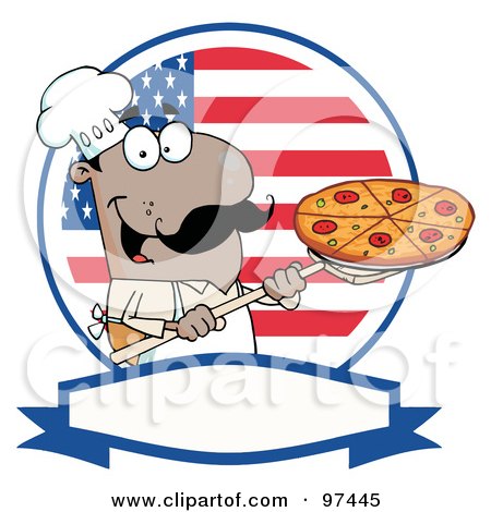 Royalty-Free (RF) Clipart Illustration of a Male Pizzeria Chef Holding A Pizza On A Scooper Above, With A USA Flag And Blank Label by Hit Toon