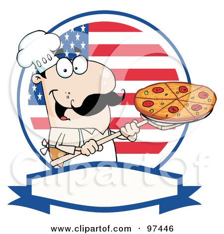 Royalty-Free (RF) Clipart Illustration of a Male Pizzeria Chef Holding A Pizza On A Scooper Above, With An American Flag And Blank Label by Hit Toon