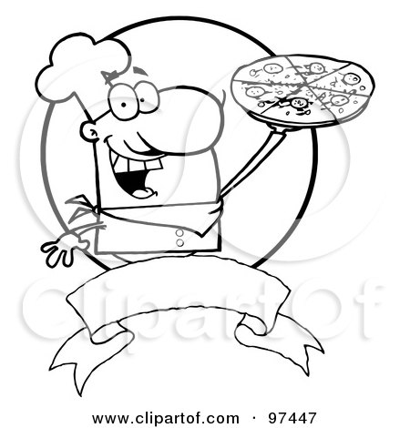 Royalty-Free (RF) Clipart Illustration of an Outlined Male Chef Holding Up A Pizza Pie Over A Blank Banner And Circle by Hit Toon
