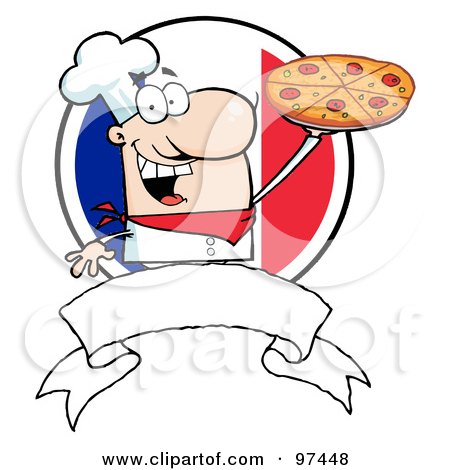 Royalty-Free (RF) Clipart Illustration of a Male Chef Holding Up A Pizza Pie Over A Blank Banner And Round French Flag by Hit Toon