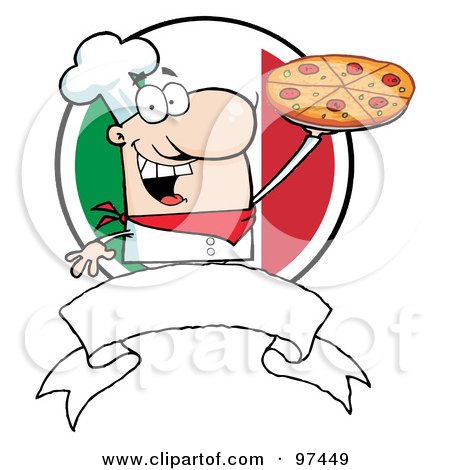 Royalty-Free (RF) Clipart Illustration of a Male Chef Holding Up A Pizza Pie Over A Blank Banner And Round Italian Flag by Hit Toon