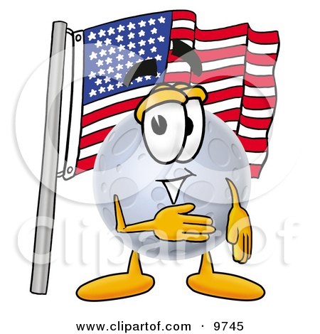 Clipart Picture of a Moon Mascot Cartoon Character Pledging Allegiance to an American Flag by Mascot Junction