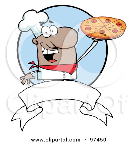 Royalty-Free (RF) Clipart Illustration of a Male Chef Holding A Pizza Up Above A Blank Banner And Blue Circle by Hit Toon