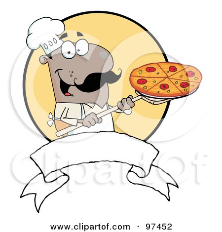 Royalty-Free (RF) Clipart Illustration of a Male Pizzeria Chef Holding A Pizza On A Scooper Above A Blank Banner And Yellow Circle by Hit Toon